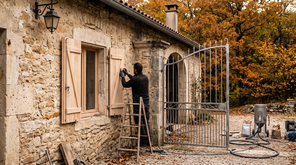 Volets en bois et portail décapés avant l'hiver, aérogommage à Meyrieu-les-Étangs