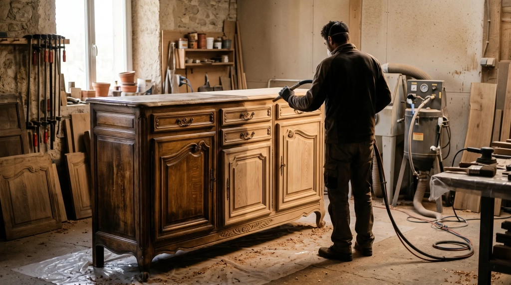 Buffet ancien à moitié décapé révélant le bois brut, décapage de meuble à Villette-d'Anthon