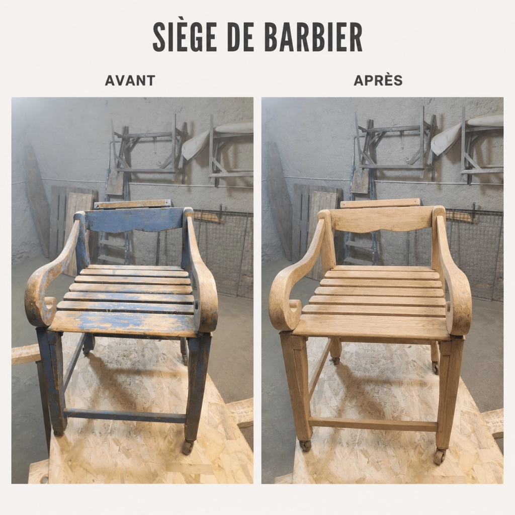 Avant après aérogommage d'un ancien siège de barbier en bois par D-GOMM en Isère