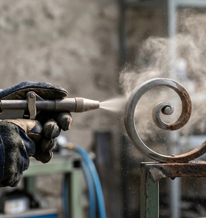Buse d'aérogommage décapant une volute en fer forgé, alternative au sablage en Isère