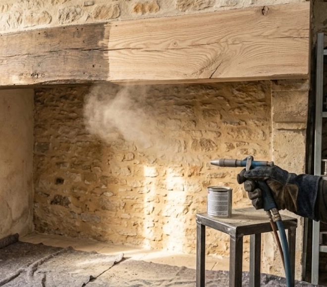 Poutre en bois et mur en pierre décapés par aérogommage, sablage doux en Isère