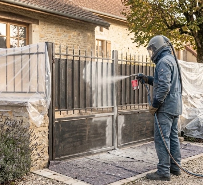 Artisan aérogommeur décapant un portail sur place avec protections, sablage en Isère